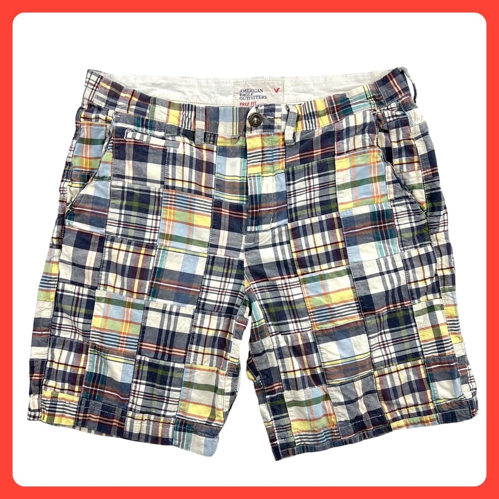 American Eagle Patchwork Shorts Men 36 Blue Madras Plaid Cotton Prep Fit VTG Y2K